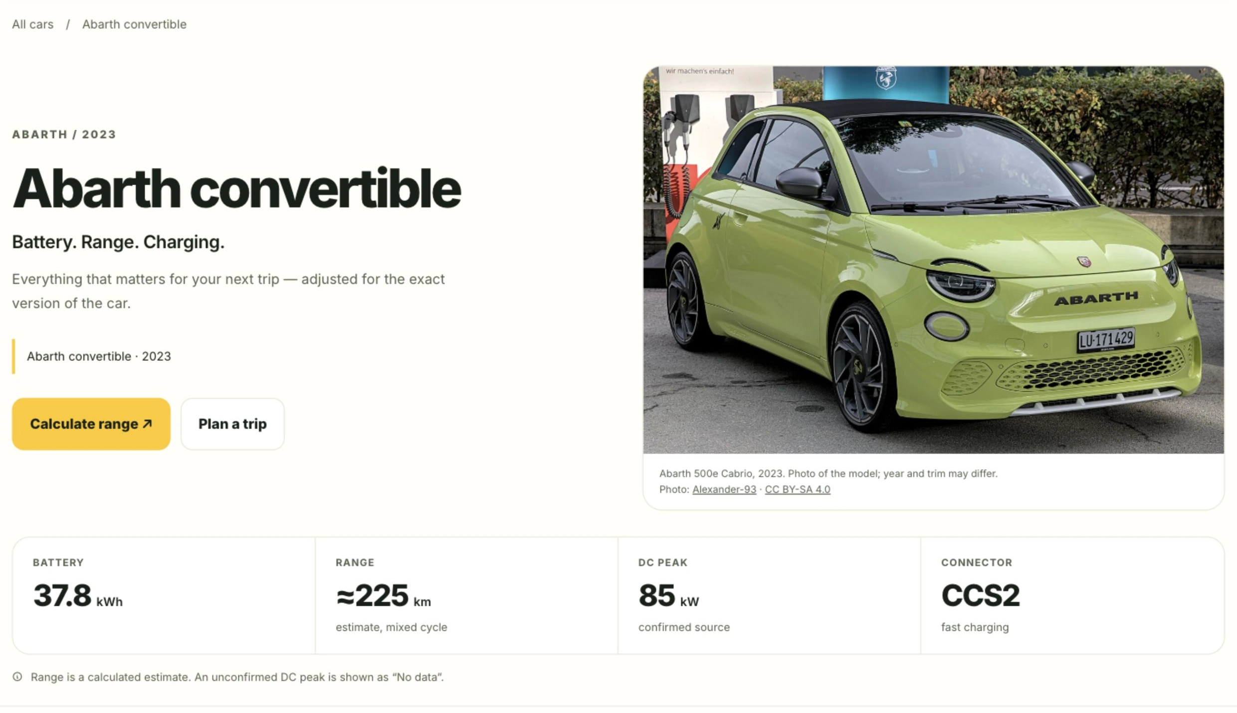 An English car page with translated specifications, explanations and links to planning tools.
