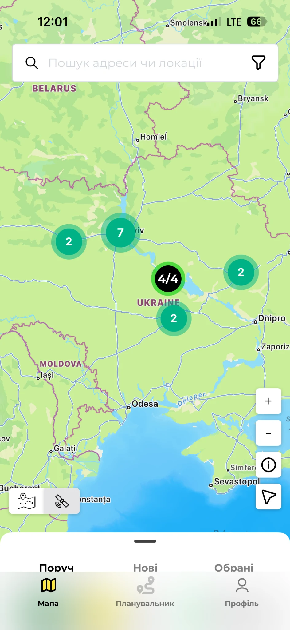 Мапа зарядних станцій у застосунку EVBOOST